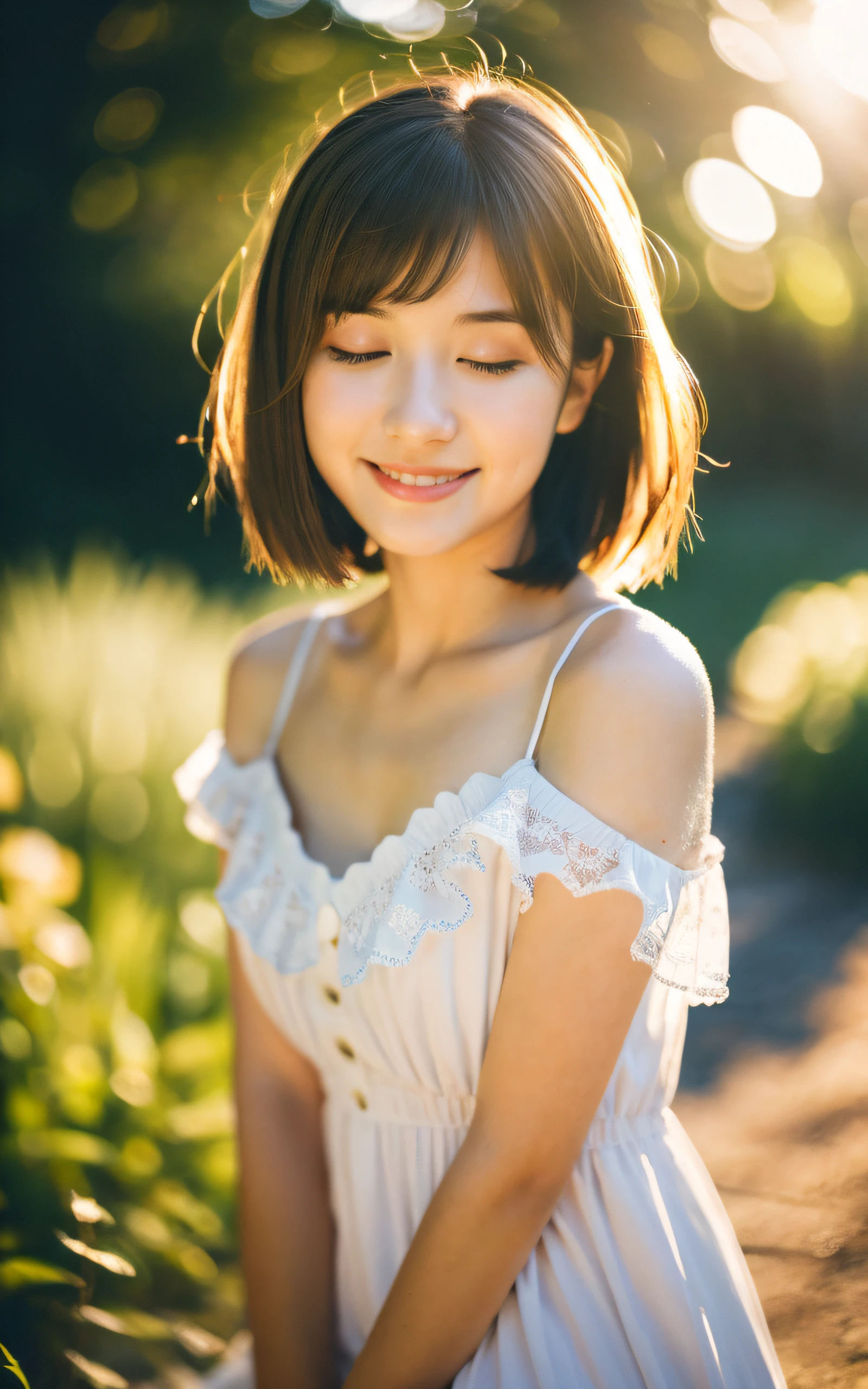 masutepiece, Best Quality, 8K, 1 girl, a Japanese cute girl, In summer, forest, stream, out of focus, 18 yo, Large breasts, Mouth slightly open, cute little, Solo, Mouth closed, Smile, Summer dress, Girly, Delicate girl, Neat and clean beauty, Raw photo, Professional Photography, Portrait, Soft light, Professional Lighting, Back lighting, Upper body, see the beholder, Sophisticated, Film grain, (Eyes and faces with detailed:1.0), Short hair swaying in the wind, beautiful flowing brown hair,
