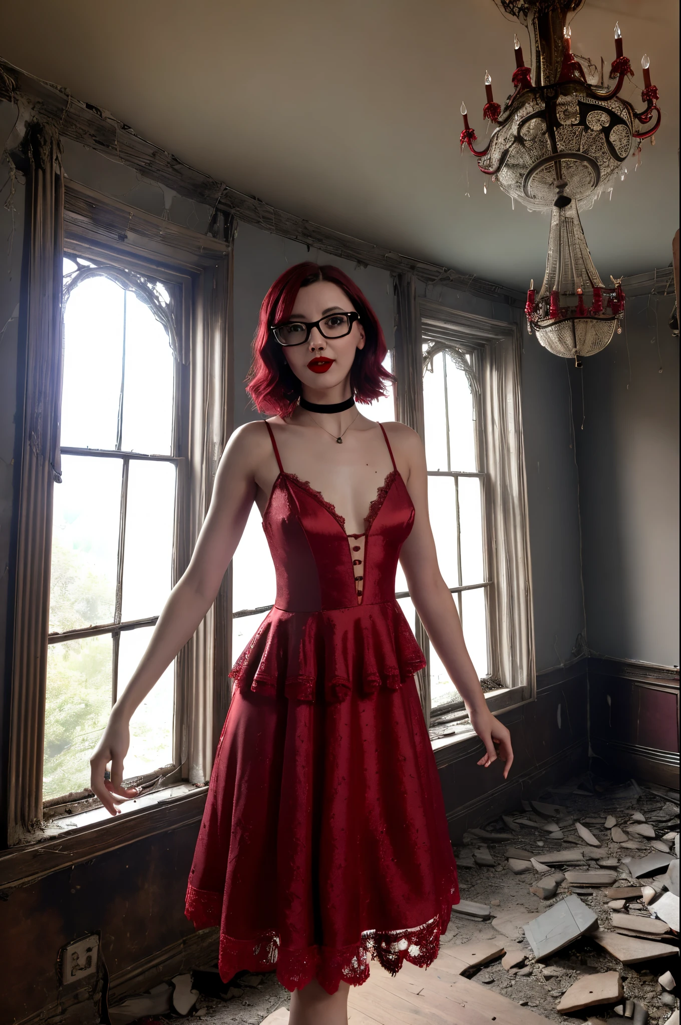 A photo of a young, nerdy woman. (looking at the viewer:1.4). (short dark hair:1.3), (slender), (huge tits), (red lips:1.4), flirting with the camera. round glasses. choker,  makeuate goth jewelry:1.2), smiling. (dyed hair, red hair color:1). (large (abandoned) gothic haunted manor house:1.3), (fog indoors:1.4), lamplight, (dramatic detailed layered background), (light rays:1.3), chandelier, (cobwebs:1.3), (dust).  ((ornate:1.4) short elegant plunging tight silk and lace (red:1.4) (sleeved:0.5) halterneck dress)