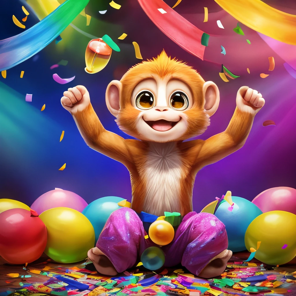 small cute monkey, animal, party, colorful clothes, confetti, toys, clear background, masterpiece, no-human