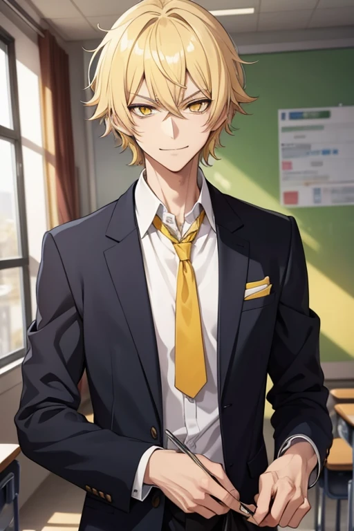 Anime boy, tall, slim waist, handsome, blonde hair, messy hair with bangs, yellow eyes, smirk, school uniform, at school