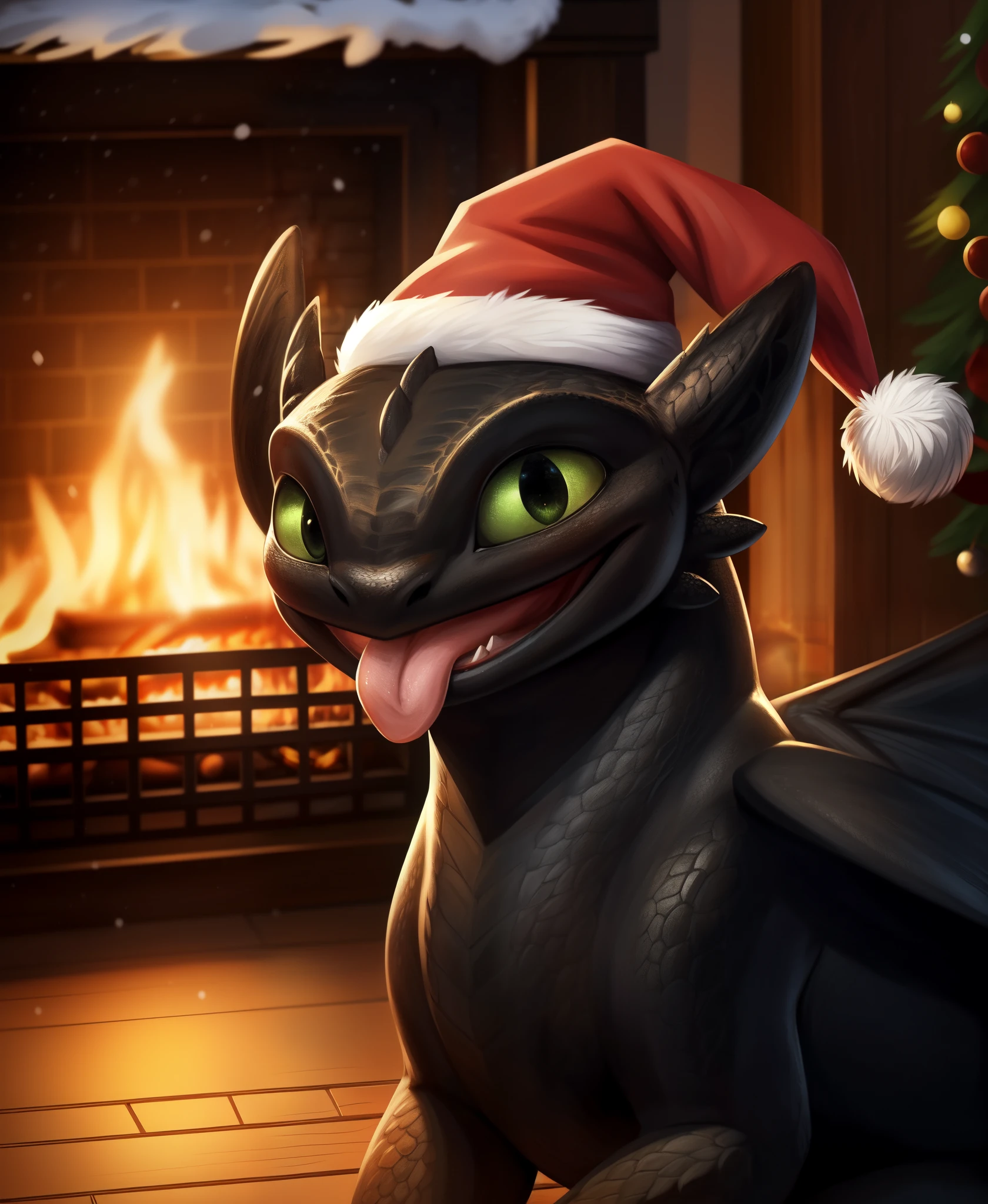 [by Scavy:(by Milkytiger1145, by Craig Davison, by Marcin Jakubowski):0.35],
solo (((quadruped feral toothless))) (black body, membranous wings, yellow green eyes), tongue out, scales,
(sitting, three-quarter view, half-length portrait, looking down at viewer:1.2), (santa hat:1.3),
BREAK,
(wooden bistro, inside, fireplace, night:1.25), (christmas, gifts, snowing day),
masterpiece, best quality, 4k, 2k, (intricate:0.9), (high detail, realistic:1.25), absurd res