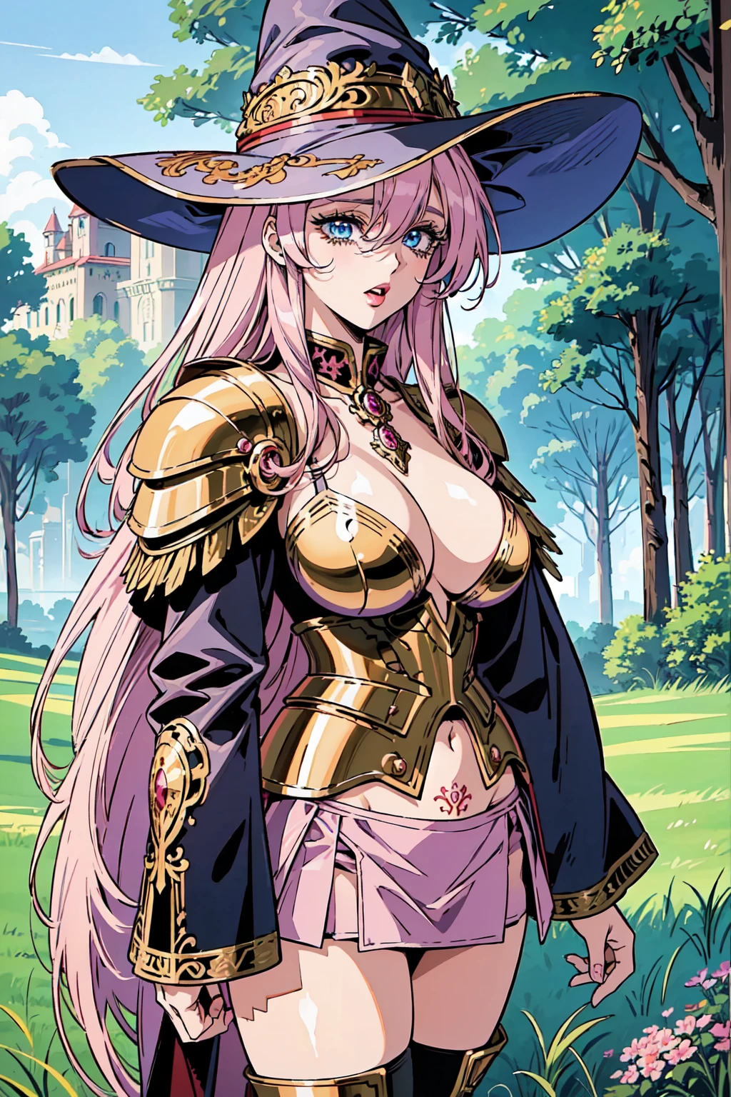 "(masterpiece:1.1), best quality,
1girl, (80s anime style:1.3), (eyelashes:1.5), (:1.2),
(intricate high detailed body:1.2),
(pink hair:1.1), (hair between eyes:1.1), (long hair:1.1), (witch hat:1.2),
blue eyes, (red lip stick:1.3),
(gigantic breasts:1.5),
(expressionless:1.2), open mouth,
(golden embroidery bikini armor, tattoo:1.2), (mini skirt:1.2),
(knight armor, armored boots:1.2), (belts:1.1), (jewelry:1.1), collar,
standing,
(upper body, cowboy shot, looking at viewer, from front:1.1),
(daytime, grassland, outdoors:1.2)"
