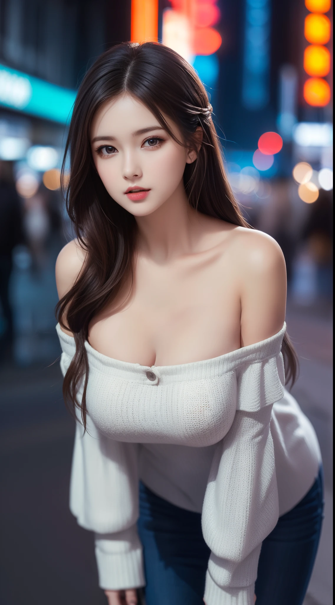 1Beautiful girl, extremely detailed CG unified 8k wallpaper, highly detailed, High-definition raw color photos, professional photograpy, Realistic portrait, brunette, long hair, big breasts, (Off-shoulder with very loose breasts:1.3), (leaning forward:1.3), ((Street corners, crowds, buildings, neon lights,)), (((Bokeh))), depth of fields, view from above,