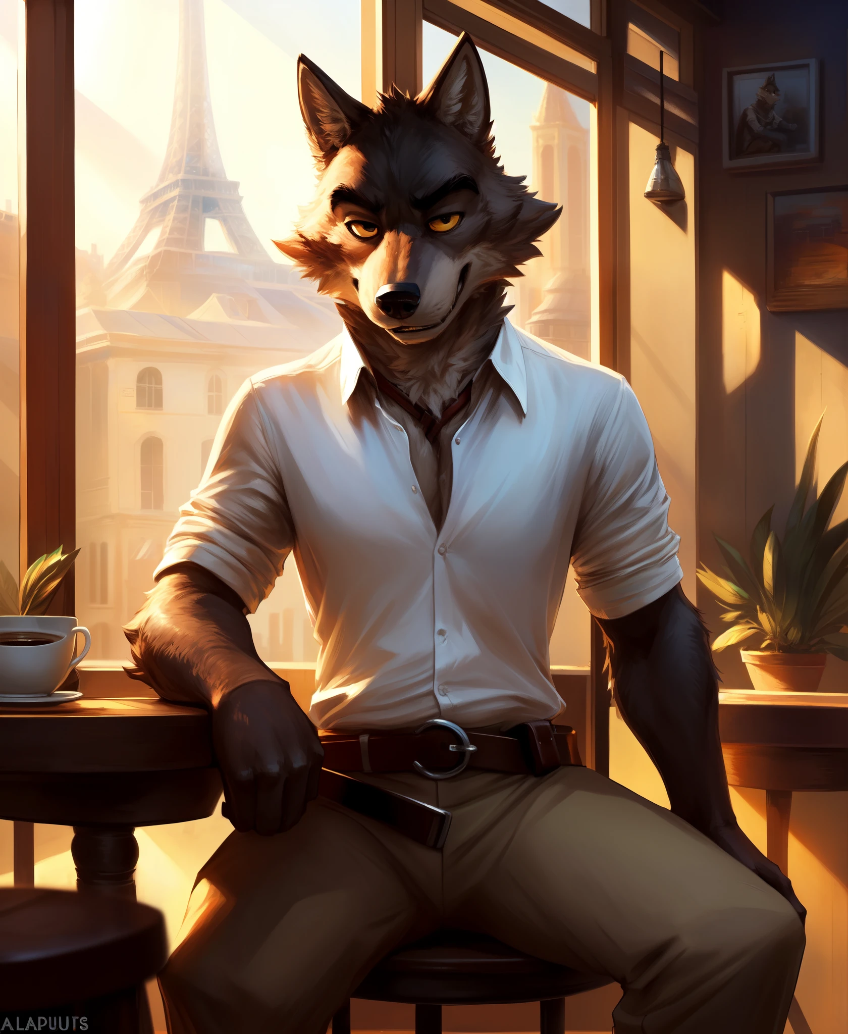 (Bypbap , Cutesexyrobutts),
(((mr. wolf \(the bad guys\)))), (sitting, three-quarter front view, three-quarter portrait, white shirt, brown belt, khaki pants:1.3),
(france coffee shop:1.25), (window, morning, inside),
BREAK,
(detailed background, depth of field, half body shadow, sunlight, ambient light on the body),
masterpiece, best quality, 4k, 2k, (intricate:0.9), (high detail, shaded, realistic:1.25), absurd res