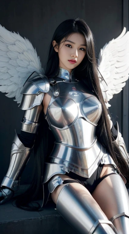 master-piece,最高品質,超High resolution), A Beautiful Girl,Korean Ladies, (((very beautiful angel))),(((supreme angel))),(((Cute Girl))), See photographer、front-view, hyper cute face, Glossy lips, Double eyelids in both eyes,(((Black Hair))),(((very long hair))),(I spread out..), Cute makeup, long eyelashes, Hair is shiny and smooth........., Medium image, Perfect limbs, perfect anna, large boobs, Beautiful breasts, Beautiful breasts, breast augmentation, (((angel wings))),(((There are many angel wings.......))),(((Flawless beauty))),(((Wear simple armor, titanium armor))), (((View Full, head to toe))), perfect composition, Realism