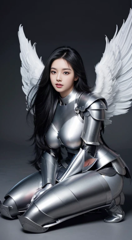 master-piece,最高品質,超High resolution), A Beautiful Girl,Korean Ladies, (((very beautiful angel))),(((supreme angel))),(((Cute Girl))), See photographer､front-view, hyper cute face, Glossy lips, Double eyelids in both eyes,(((Black Hair))),(((very long hair))),(I spread out..), Cute makeup, long eyelashes, Hair is shiny and smooth........., Medium image, Perfect limbs, perfect anna, large boobs, Beautiful breasts, Beautiful breasts, breast augmentation, (((angel wings))),(((There are many angel wings.......))),(((Flawless beauty))),(((Wear simple armor, titanium armor))),  (((View Full, head to toe))), perfect composition, Realism