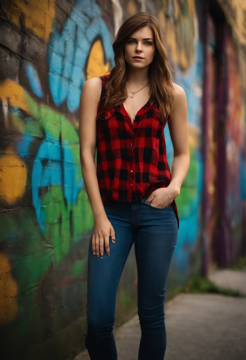 Rachel is standing in front of a graffiti-covered wall, striking a dramatic pose with her hands on her hips,Life is Strange,Rachel is a teenage girl with straight light brown hair, green eyes, cat-eye eyeliner, wears a red flannel and a blue feather earring, female