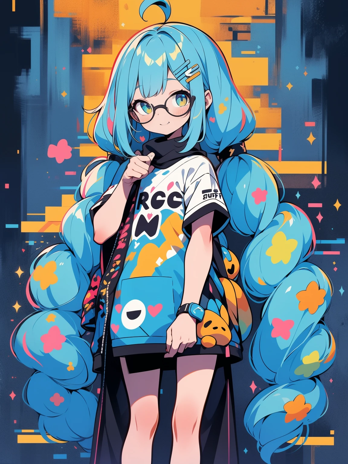 muff, blue hair, Colorful hair, long whitr hair , with glasses,pony tails