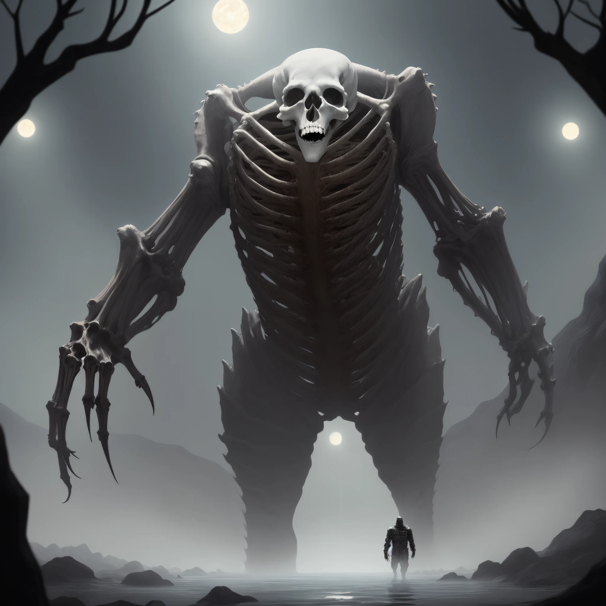 The creature stood gaunt and skeletal, its skin stretched taut over its bones. Its flesh was a sickly white, almost translucent, and its veins bulged out like dark rivers beneath the surface. Its eyes were like black holes, devoid of any light or life. It moved with a slow, shuffling gait, its bones creaking with every step.
As it drew closer, I could see the details of its form more clearly. Its skin was not just pale, it was also cracked and peeling, as if it had been baked in the sun for too long. Its bones were sharp and jagged, and they protruded from its flesh in a number of places. Its teeth were long and yellowed, and they hung down over its lower jaw like fangs.
The creature reached out a hand towards me, its fingers long and bony. I flinched away, and it let out a frustrated grunt. It turned and lumbered away, back into the darkness from which it came.
I’m starting to think it can’t see