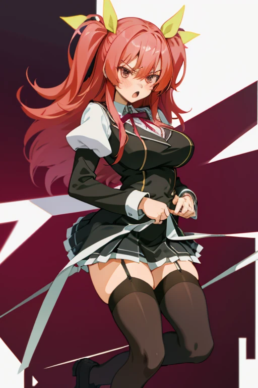 stella vermillion, school uniform, garter straps, black thighhighs, cross-laced footwear, Big breast, angry, :o, full face blush, eyeball, tearing up, undressing