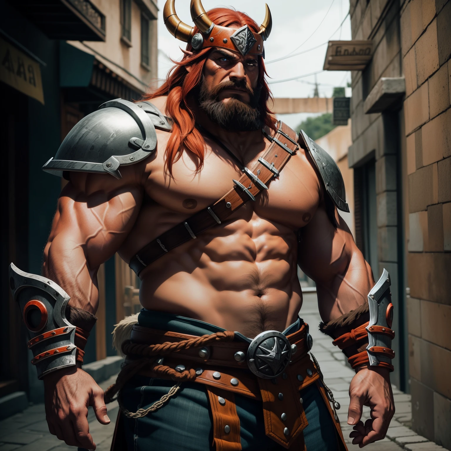 "Macho adulto musculoso, A barbarian character inspired by the world of Warcraft, piel naranja, casco de vikingo. With an artistic touch similar to Niji style. Taparabos estilo de Grecia com detalles azuis neon, longa capa roja nas costas, cara seria, largo cabello rojo, Motor Unreal 5, 8k."