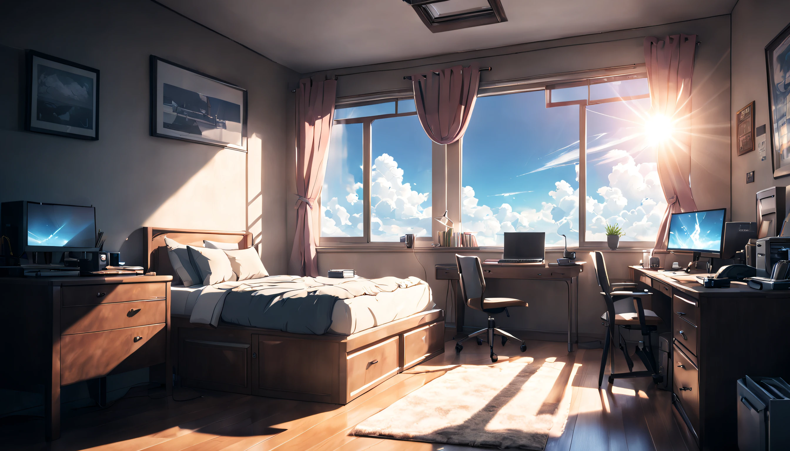 a cinematic still from an anime movie, quaint bedroom single bed, desk and a computer on top of the desk, windows with bright sunlight and clouds, high res, Sony fe 24-70mm f/2.8 gm, 32k UHD, moody lighting, muted cinematic color grading --ar 16:9