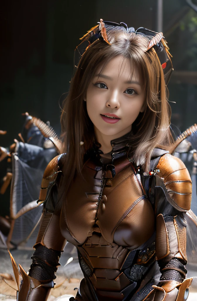 (high resolution,masterpiece,best quality,extremely detailed CG, anime, official art:1.4), realistic, photo, amazing fine details, all intricate, gloss and shiny,awesome many layers, 8k wall paper, 3d, sketch, kawaii, illustration,( solo:1.4), perfect female proportion,villainess, (fusion of dark brown cockroach and lady:1.4), (brown cockroach form lady:1.2), (brown cockroach lady:1.2), (fusion:1.2), (solo:1.4), (evil smile:1.2), muscular, abs, (cockroach brown exoskeleton bio insect suit:1.4), (cockroach brown exoskeleton bio insect armor:1.2), (brown transparency cockroach wing:1.4), (brown cockroach antennae:1.3),