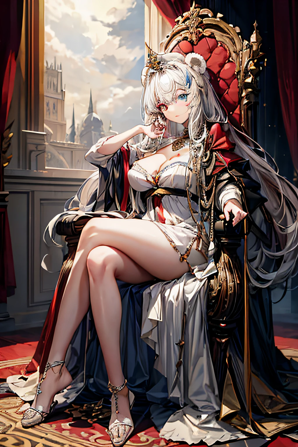 Step into the opulent realm of "Crimson Monarchy," a kingdom where power and beauty converge in the form of a resplendent queen. Visualize an awe-inspiring image of the queen, her white hair cascading like a regal waterfall, her deep red eyes reflecting both wisdom and authority, as she sits upon her throne, contemplating her kingdom.
The throne room exudes grandeur and majesty, adorned with ornate golden accents and draped in rich crimson tapestries that bear the emblem of the realm. Sunlight streams through towering stained-glass windows, casting a kaleidoscope of colors upon the polished marble floors. The air is infused with the scent of polished wood and perfumed candles, adding to the atmosphere of regal elegance.
Seated upon her throne, the queen radiates an aura of both power and grace. Her white hair is a symbol of her wisdom and experience, flowing like a river of moonlit silk. Her deep red eyes, intense and captivating, hold the secrets of the kingdom and speak of her unwavering resolve. She embodies a formidable ruler whose beauty and authority command the admiration of her subjects.
The queen's attire is befitting of her royal stature, exuding a sense of regality and refinement. Picture her in a gown adorned with intricate embroidery and precious gemstones that catch the light and shimmer like stars. The gown is a testament to her strength, embracing her figure with confidence while still allowing her freedom of movement. A regal crown rests atop her head, symbolizing her rightful place on the throne.