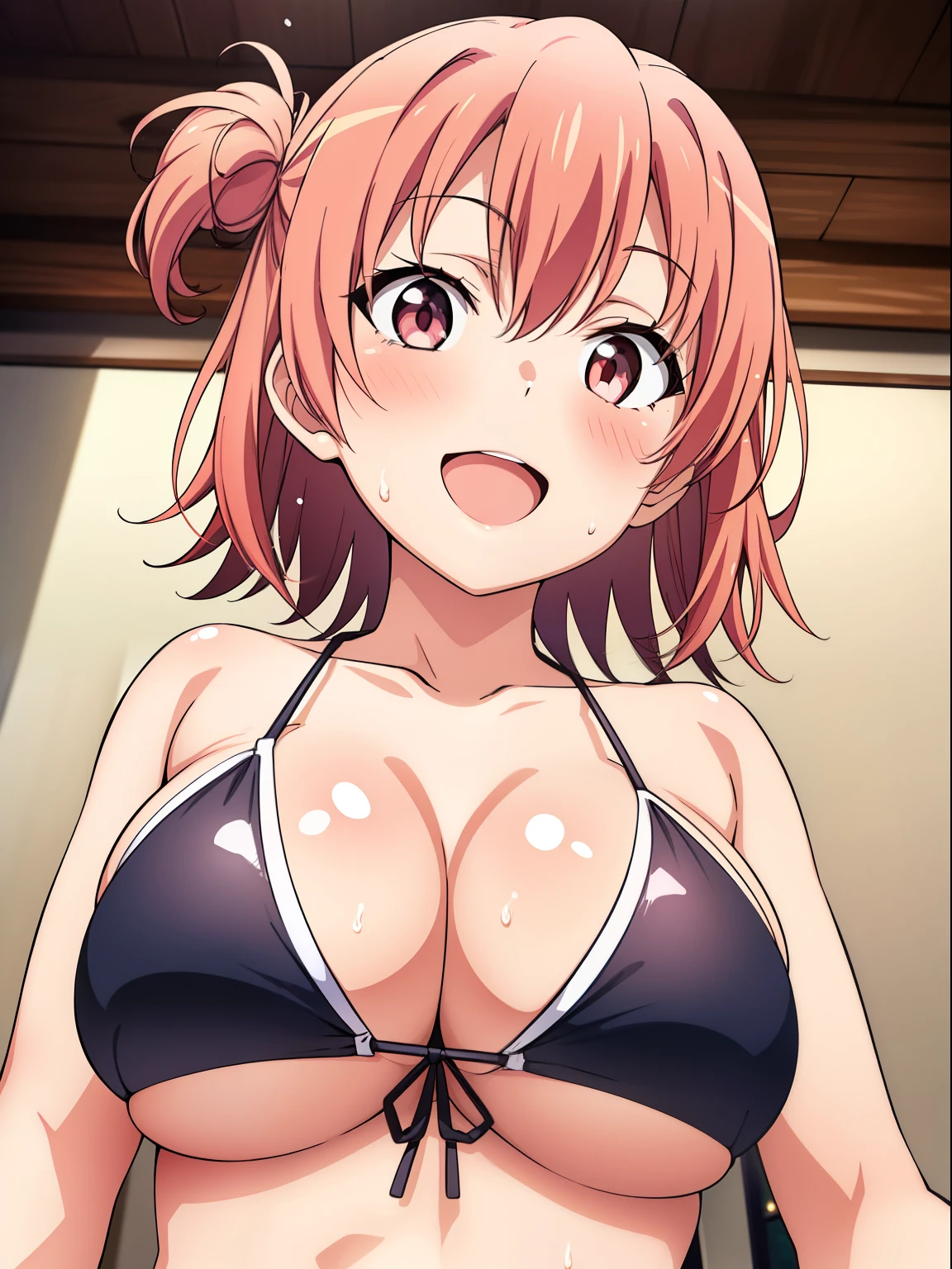 ((masutepiece, Best Quality, hight resolution, nffsw, Perfect Pixel, depth of fields, 4K, nffsw, nffsw))), 
1girl in, Single, Solo, Beautiful anime girl, Beautiful Art Style, Anime Character,

Yuigahama Yui, 
large boob, 
Short hair, 

Pink Micro Bikini,  on the beds, Sweat,  
(blush, Smile, Open mouth:1.2), kiss face, 

Focus, Looking at Viewer, 
From below, all-fours, Upper body, 
Night, Bedroom, darkness, Shadow