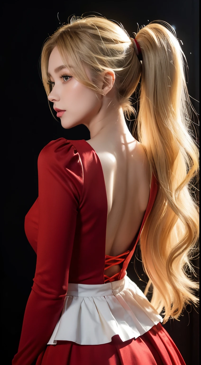(masterpiece, best quality:1.2), extremely detailed, detailed hair, soft skin,1girl, solo, standing, upper body, from behind,blonde hair, long hair, high ponytail, long ponytail,red eyes, long eyelashes, thick eyelashes, looking at viewer,reddress, backless dress, ornate dress, puffy skirt, long skirt, puffysleeves, juliet sleeves, long sleeves,black background,