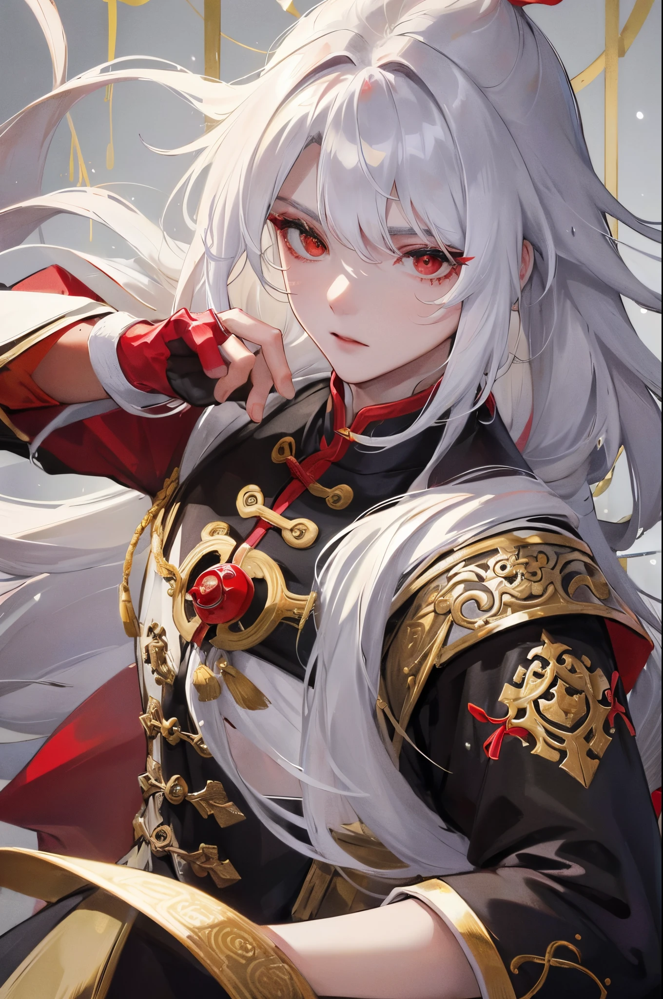(Masterpiece),( Best quality), Night, full moon, (1 man), Mature man, Chinese style, Ancient China, (Hair as white as snow is smeared red), (Red eyes), Split ends of hair, Long hair, Long bangs, Handsome, Handsome, Masculine, Cold, Tall, calm, Black clothes, Gold and red alternatives, Gold pattern, spark of light, prince, A domineering flame gun