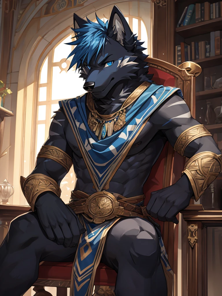 Furry, solo,wolf,Black fur with blue stripes,Sporadic cloth-colored hair mites,dark blue eyes,sitting in a chair,arrogant expression,Looking straight ahead