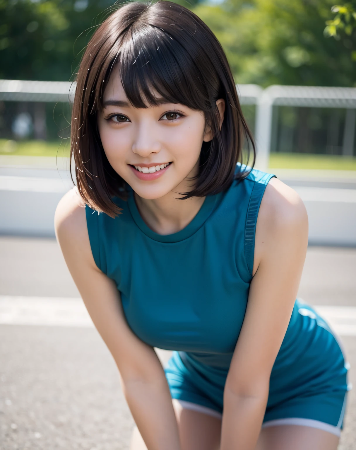 zydG, 1girl, detailed skin, looking at viewer, brown eyes, (short hair with bangs:1.2), (large breasts:1.0), (large areolae:0.8), parted lips, teeth, smile, (face focus:1.4), close shot,
(photorealistic:1.4), (best quality:1.0), (ultra highres:1.0), 8k, RAW photo, (masterpiece:0.2), (sportswear:1.5), portrait,
(pureerosface_v1:0.5)
