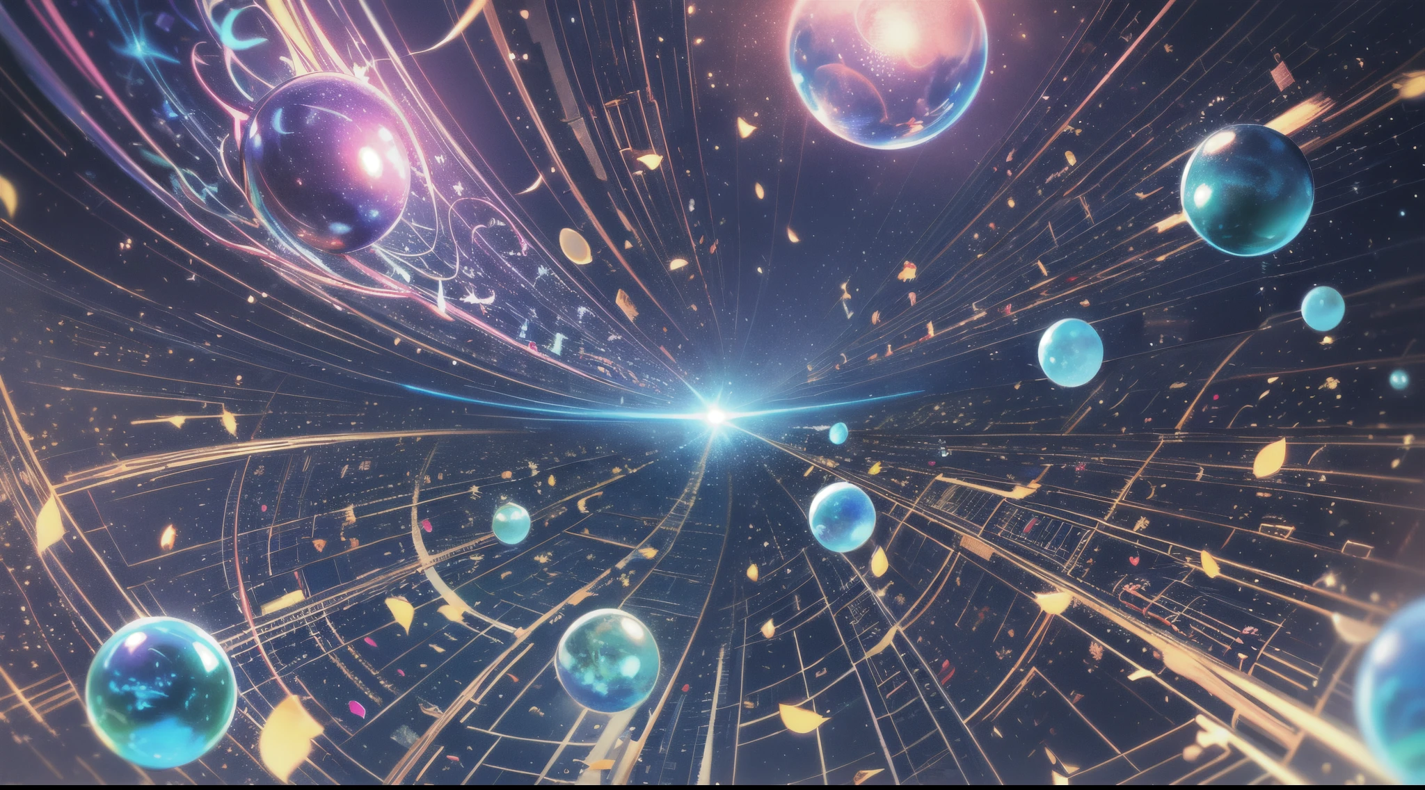((a magical world)),bright spheres of light,musical notes floating in the air,((strong colors)),mystical and enchanting atmosphere