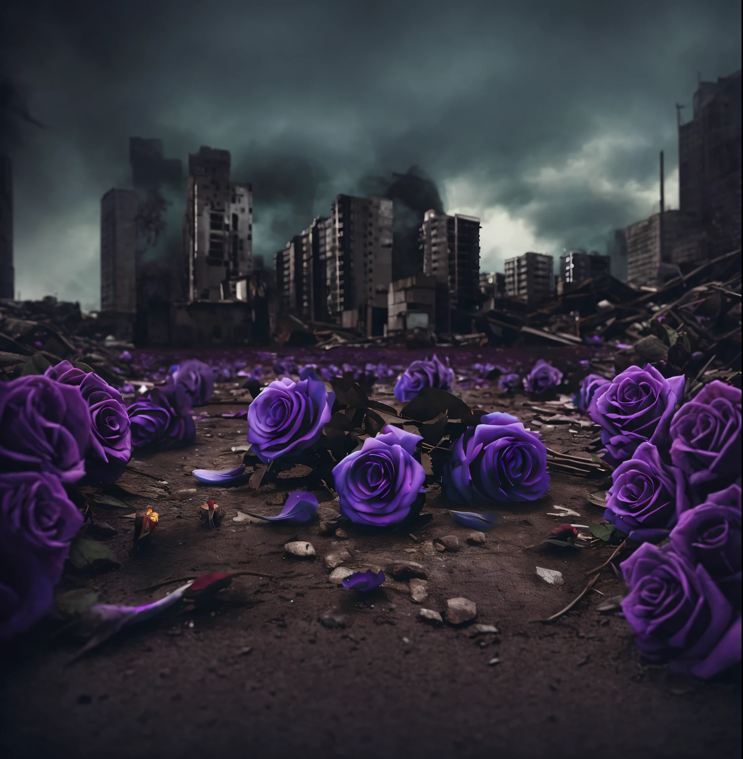 purple roses are scattered on the ground in front of a city, em uma paisagem urbana arruinada, city is pure wasteland, Cidade do Futuro Roxo, em uma cidade deserta, Tema Campo de batalha violeta, apocalyptic city backround, in postapocalypse city, dramatic backgroung, apocalyptic city, dystopian digital art, in a post apocalyptic city, roses in cinematic light, ( apocalyptic ) 8 mil