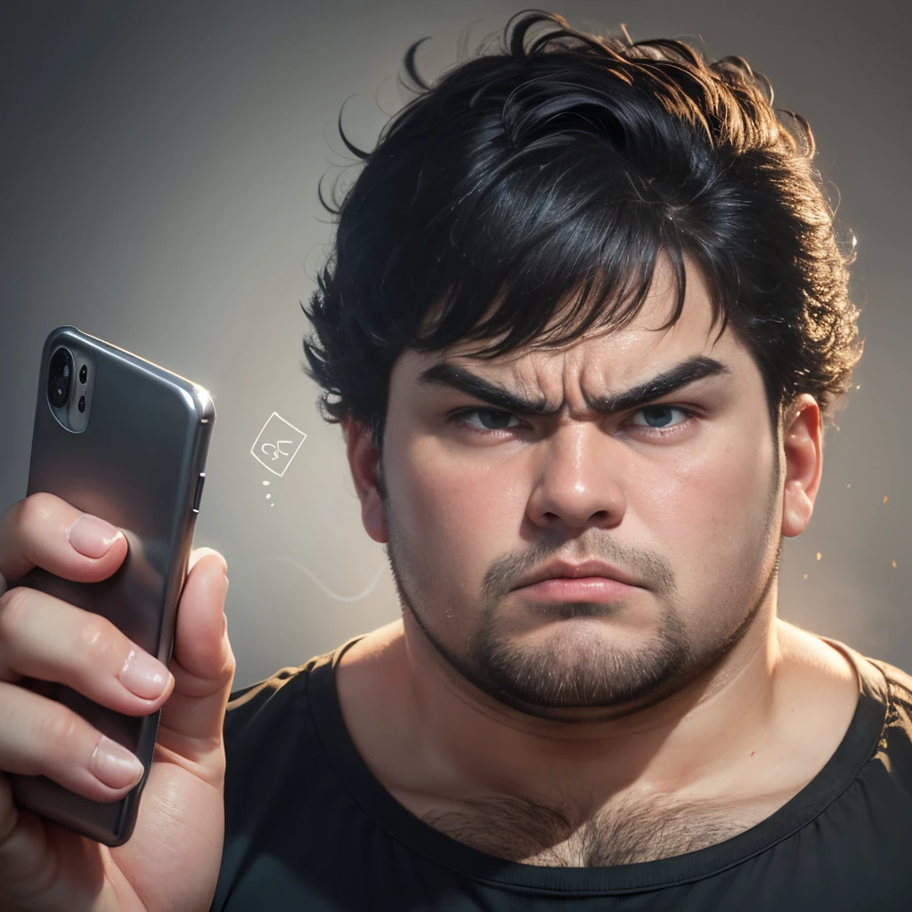 Create realistic 3D boy caricature bodies with big heads. Beside the man was a cell phone the size of the man. Blue gradient wall background. creating a carefree and happy character. the cellphone screen is solid green. cartoon and 3D style, screaming with excitement.