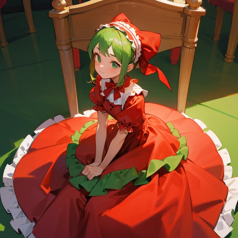 A girl is sitting on a big tomato red dress with frills Green headband