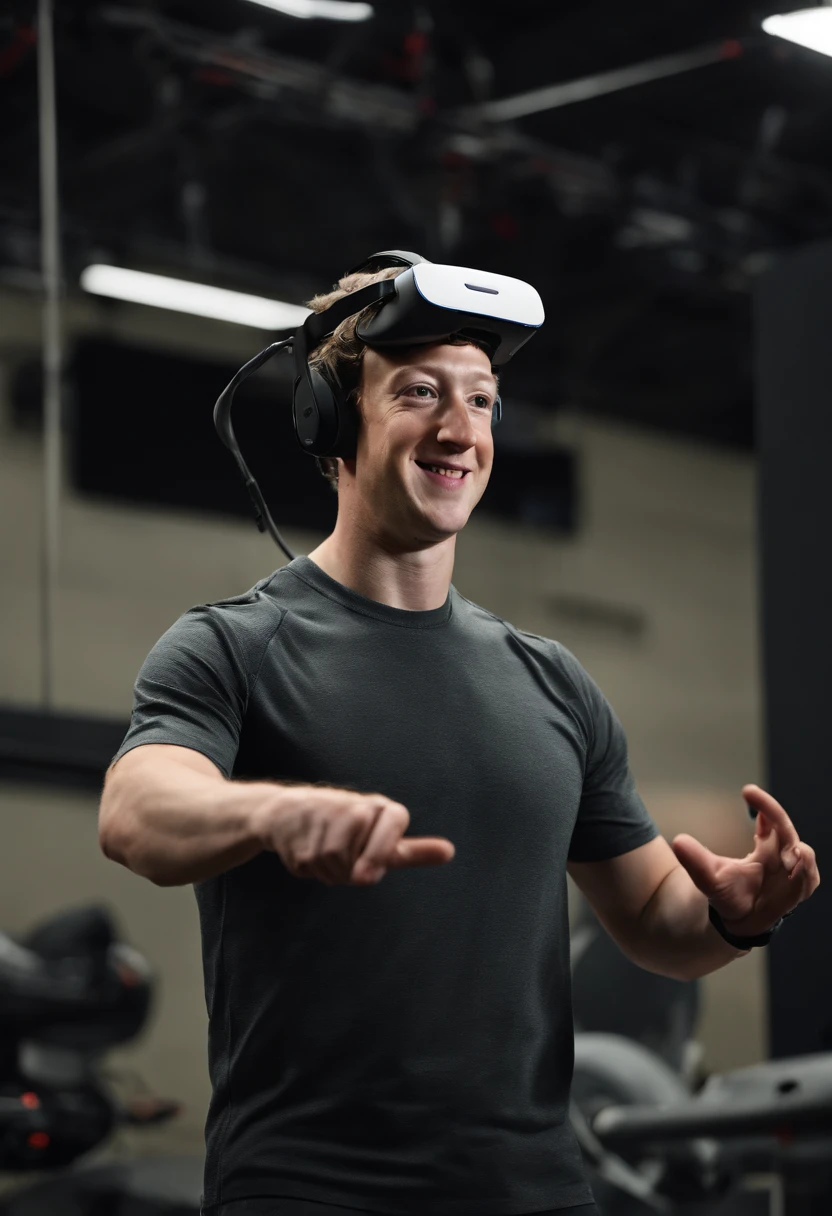 A photo of Mark Zuckerberg at a new-age virtual reality training facility, wearing a high-tech VR headset and wielding virtual weapons.,original,Zuckerberg maintains a notably consistent personal style, famously known for his simple gray t-shirts and hoodies, which reflect his utilitarian approach to life and work. He has a youthful, clean-cut look with short, curly hair and typically wears jeans or casual trousers, projecting an image of approachability that aligns with the casual culture of Silicon Valley., male