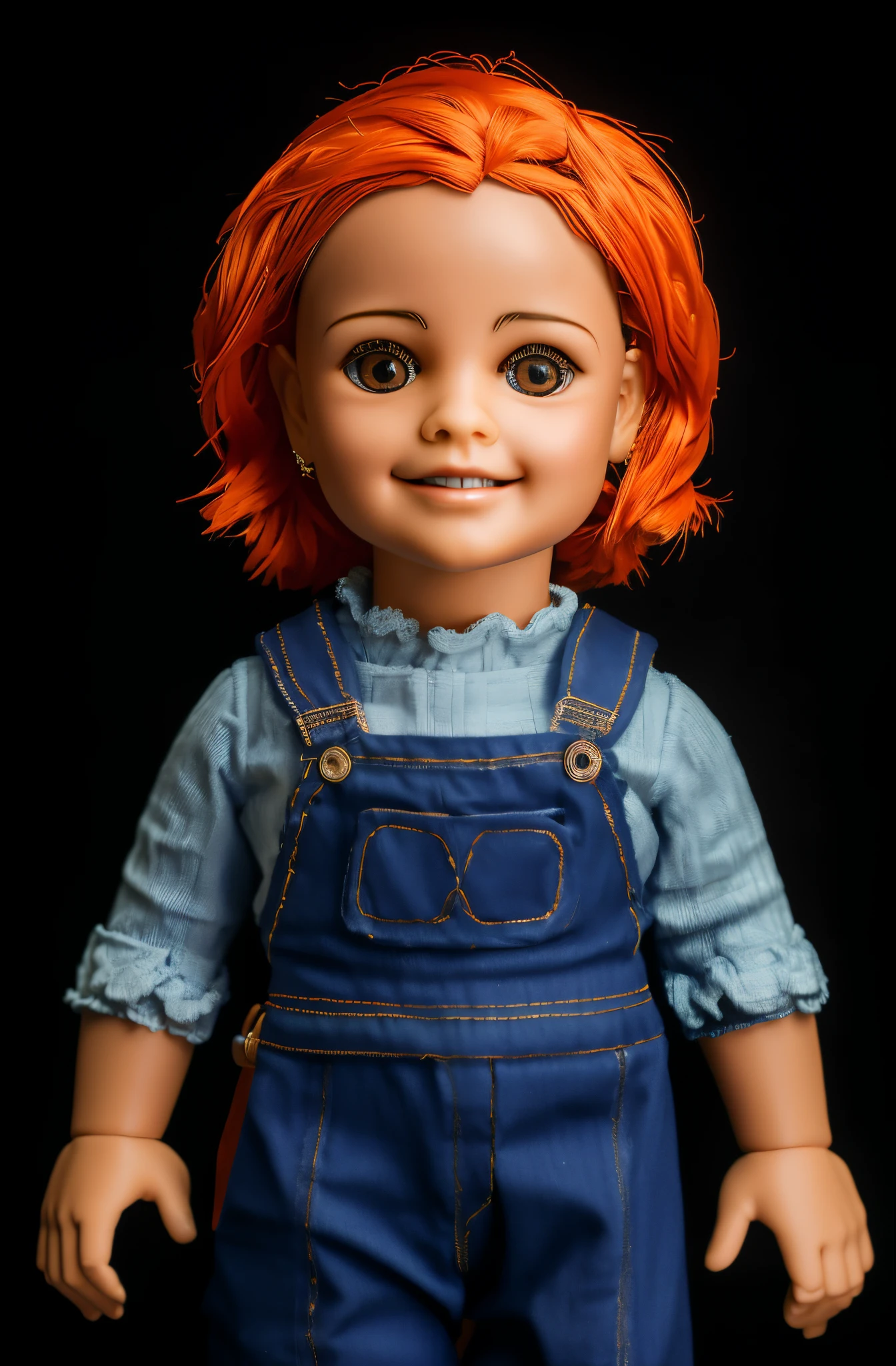 (best quality, high resolution, master part: 1.2) boneca de 30 anos, ultra-detalhado, retrato, , [inspirado em mocinhos], [boneca], , [Appearance of glass], tamanho real, como um fantoche, olhos perfeitos , [Sorriso fraco], borracha [roupas xadrez de lenhador], cores brilhantes, orange and moody lighting.