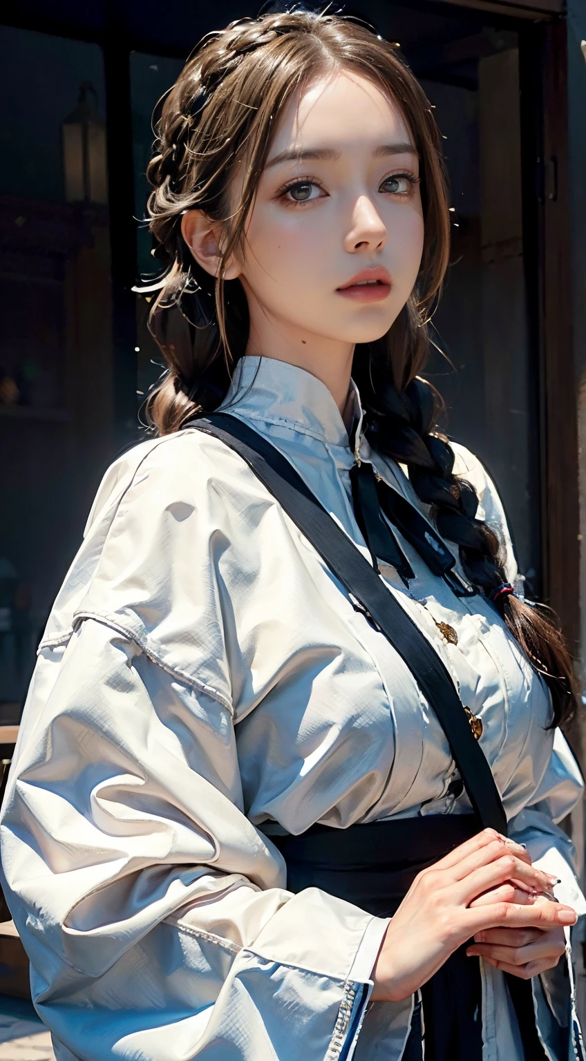 (masutepiece:1.3), (8K, Photorealistic, Raw photo, Best Quality: 1.4), (1girl in), Beautiful face, (Realistic face), Nice hairstyle，Realistic eyes，Nice detail eyes，（Realistic skin），Beautiful skins，enticing，超A high resolution，Ultra photo realsisim，Very detailed，portrait of a full body，Albain，Vest line，Eyes on the lens，nood,tmasterpiece,whaite hair,Golden Eyes,Manteau blanc,Look up,The upper part of the body,Hairline,Fair skin,side braids