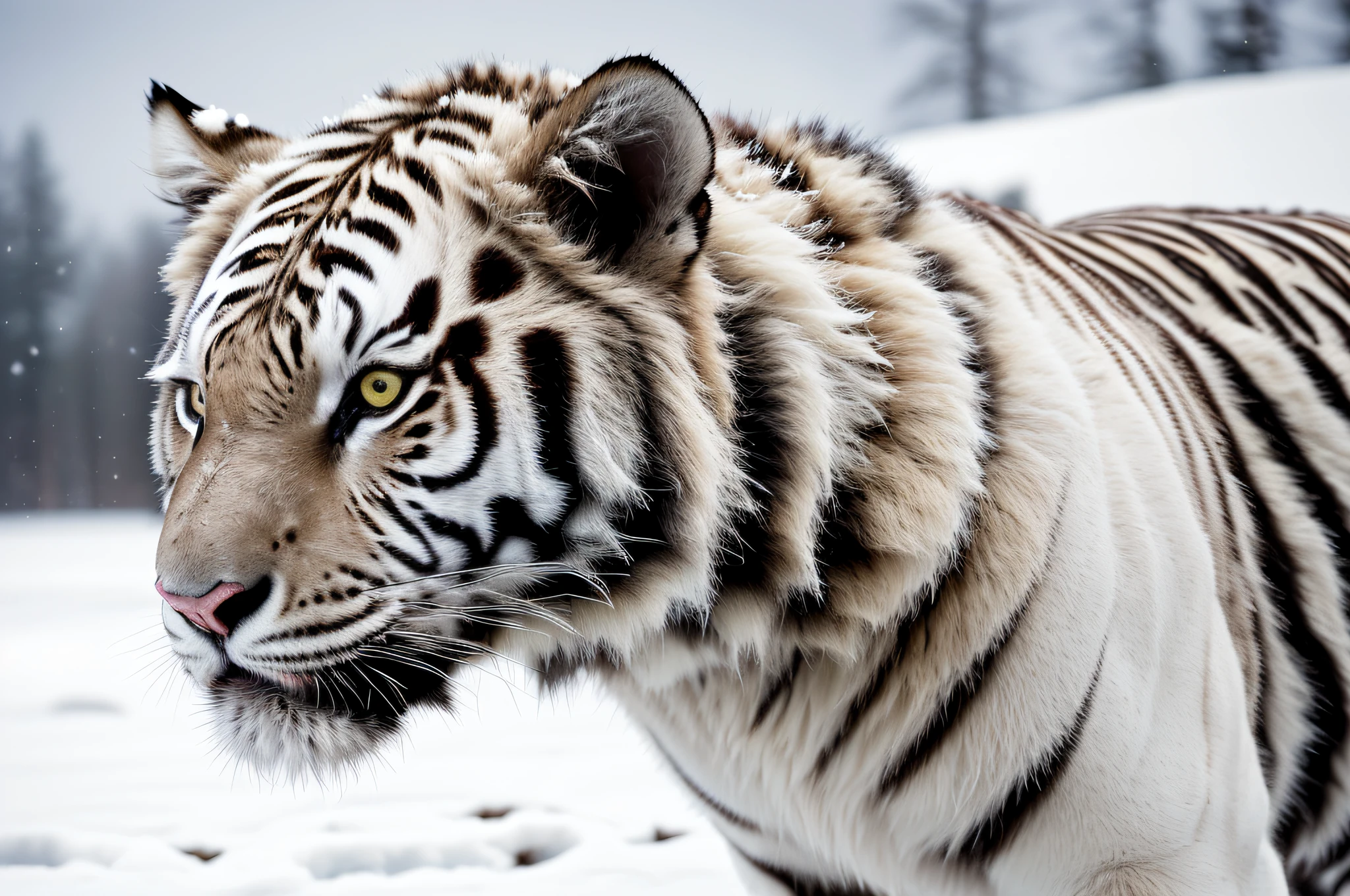 best quality,4k,8k,highres,masterpiece:1.2,ultra-detailed,realistic:1.37,White Tiger,wildlife photography,striking yellow eyes,stunning black and white fur,ferocious expression,powerful presence,strong muscles,fierce predator,roaring with strength,strikingly beautiful,colorful ambient lighting,contrasting shadows and highlights,majestic creature,graceful movements,endangered species,intense gaze,pristine snowy landscape,peaceful winter scene,natural habitat,sharp focus,subtle textures,vivid colors,bokeh