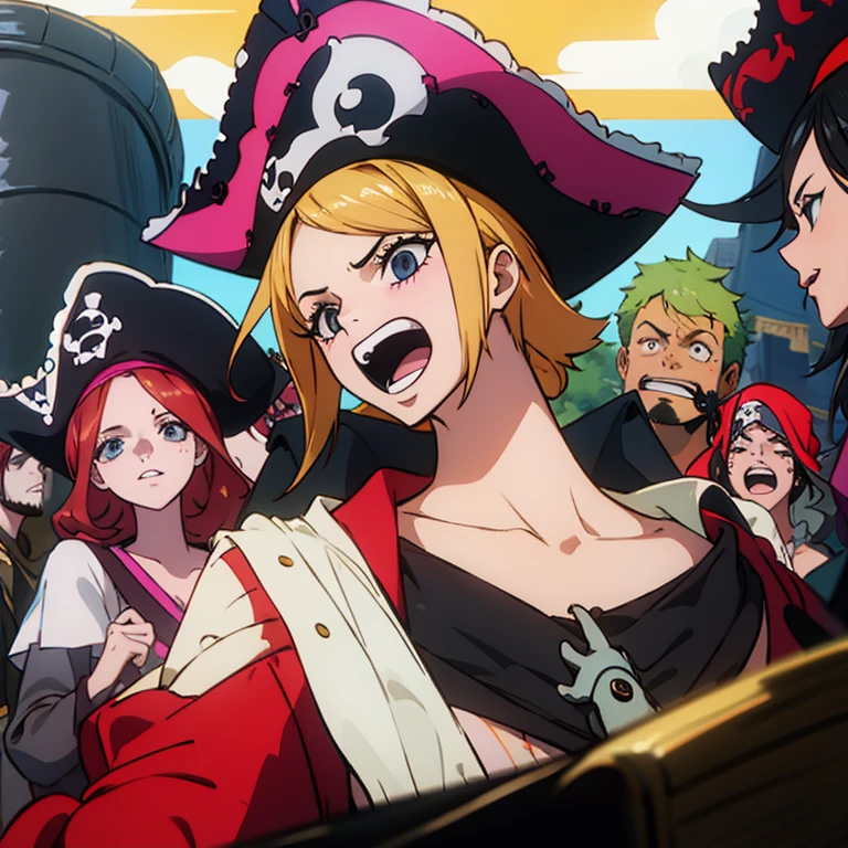 A sexy maid competition among the One Piece pirates as they pose on the decorated ship, 1girl,1boy, maid outfit, pirates, catcall, sexy, anime, comedy, highly detailed, masterpiece, 8k, photorealistic, dramatic lighting, vibrant colors, dynamic composition
