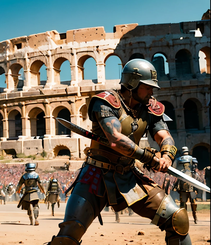 Gladiator tattoo with sword and shield fighting another warrior and the other soldier&#39;s head being cut off and they inside the coliseum