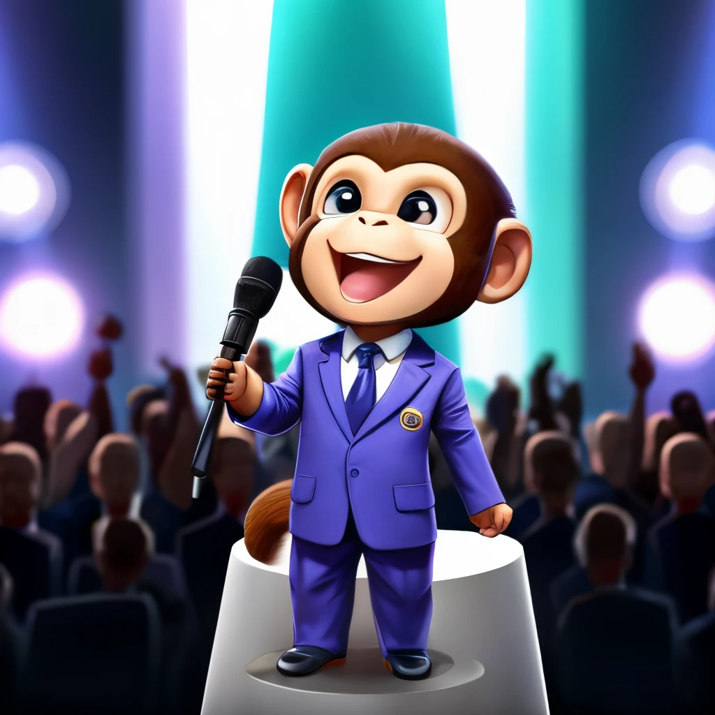 small cute monkey, animal, spokesperson, wearing suit, holding a megaphone, on a pedestal, speaking to a crowd, clear background, masterpiece, no-human