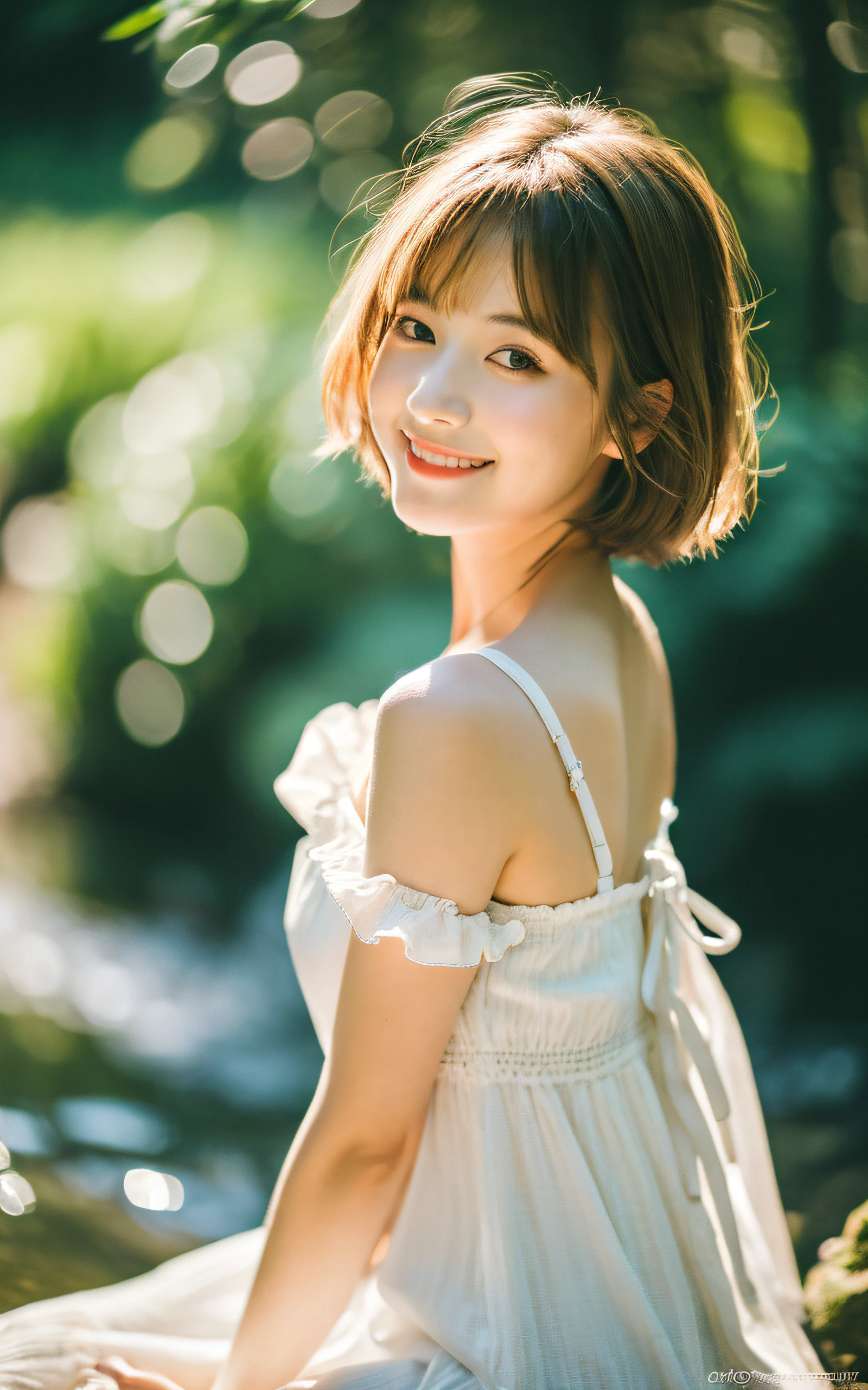 masutepiece, Best Quality, 8K, 1 girl, a Japanese cute girl, In summer, forest, stream, out of focus, 18 yo, Large breasts, Half closed eyes, cute little, Solo, Mouth closed, Smile, Summer dress, Girly, Delicate girl, Neat and clean beauty, Raw photo, Professional Photography, Portrait, Soft light, Professional Lighting, Back lighting, Upper body, see the beholder, Sophisticated, Film grain, (Eyes and faces with detailed:1.0), Short hair swaying in the wind, beautiful flowing brown hair,
