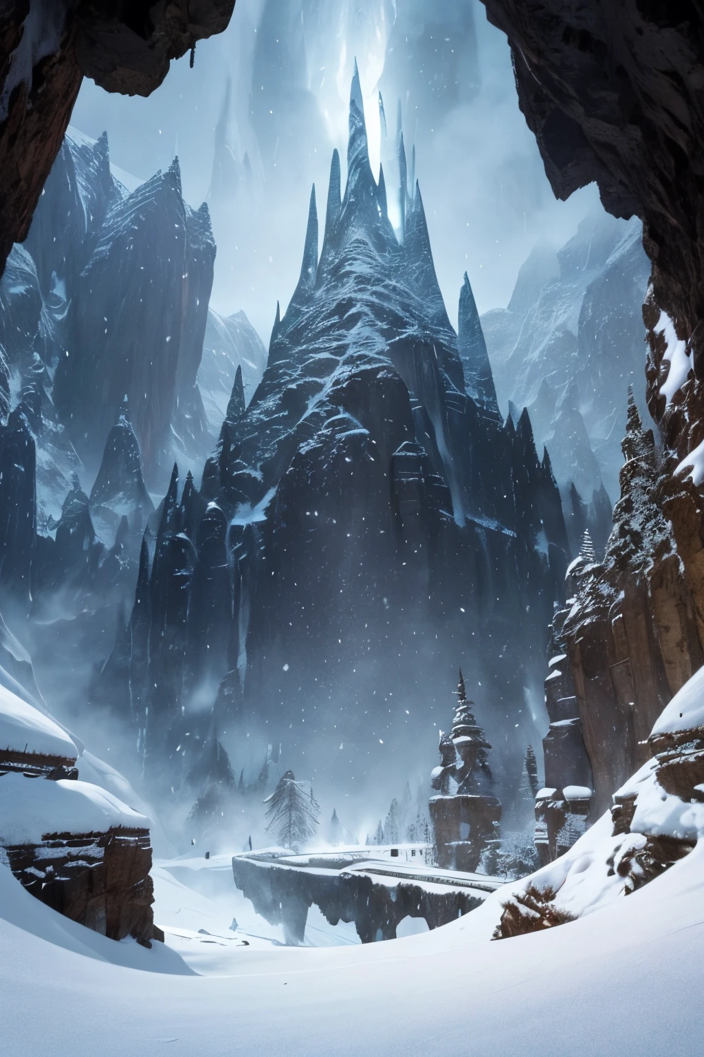 In the heart of the frozen mountain range, where icy winds whispered tales of ancient magic, stood the open cave, a clandestine meeting place for the clandestine. The five elves, draped in black-striped leather armor adorned with sumptuous fur coats, gathered at the precipice, their silhouettes carved against the stark contrast of snowy peaks and a swirling mountain valley below.
The cave, a raw sanctuary hewn from the very bones of the mountain, bore no embellishments, its stoic walls and floor untouched by the artifice of decoration. Unforgiving thrones of stone, bearing the weight of a thousand untold councils, protruded jaggedly from the cavern floor, their unforgiving surfaces a testament to the harsh nature of the elven realm. The elves, though attired in regal armor, found little comfort in the austere seats, their attention consumed by the majesty unfolding beyond the cave's mouth.
The gaping entrance, framed by the imposing darkness of wood and sinewy metal, guarded the secrets within. Torches flickered sporadically, casting dancing shadows on the cavern walls, creating an otherworldly ambience. The cavern, though lacking in opulence, exuded an air of authority, an echo of the ancient pacts and profound decisions that had resonated within its frigid embrace.
Beyond the shelter of the cave, the edge beckoned—a perilous perch suspended hundreds of meters above the valley floor. A vast expanse of snow-laden peaks encircled the meeting place, a panorama that held both breathtaking beauty and ominous isolation. The mountain alley below, obscured in the mystique of swirling snowflakes, seemed to be a secret passage to a realm beyond mortal understanding.
Yet, there was no illusion of safety on the precipice. The absence of any protective barrier dared the elves to embrace the edge, to gaze into the abyss below where certain death awaited any misstep. The mountain peak stood as a throne in itself, a perch of power and vulnerability. The elves, with furs billow