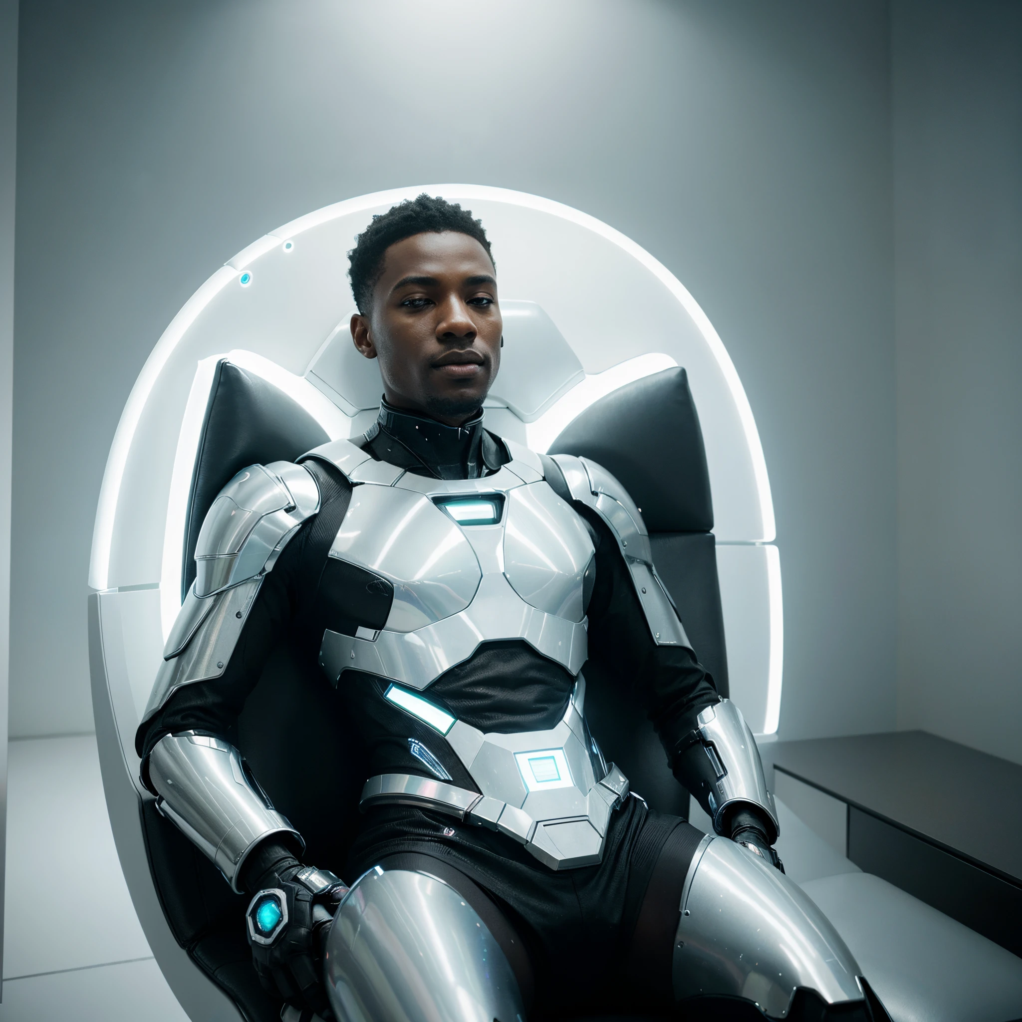 A black man laying in a futuristic floating chair with white iridescent lights on the side, sitting in a futuristic therapy room, a robot therapy watching over him as he sleeps in the chair, a room full of high tech cylindrical and oval lights, Everything in white colour in the scene, white light shining giving a grey and velvet colour grading, cinematic scene, artgerm style, 32k, ultra HD, unreal engine rendered, hyper-realistic image