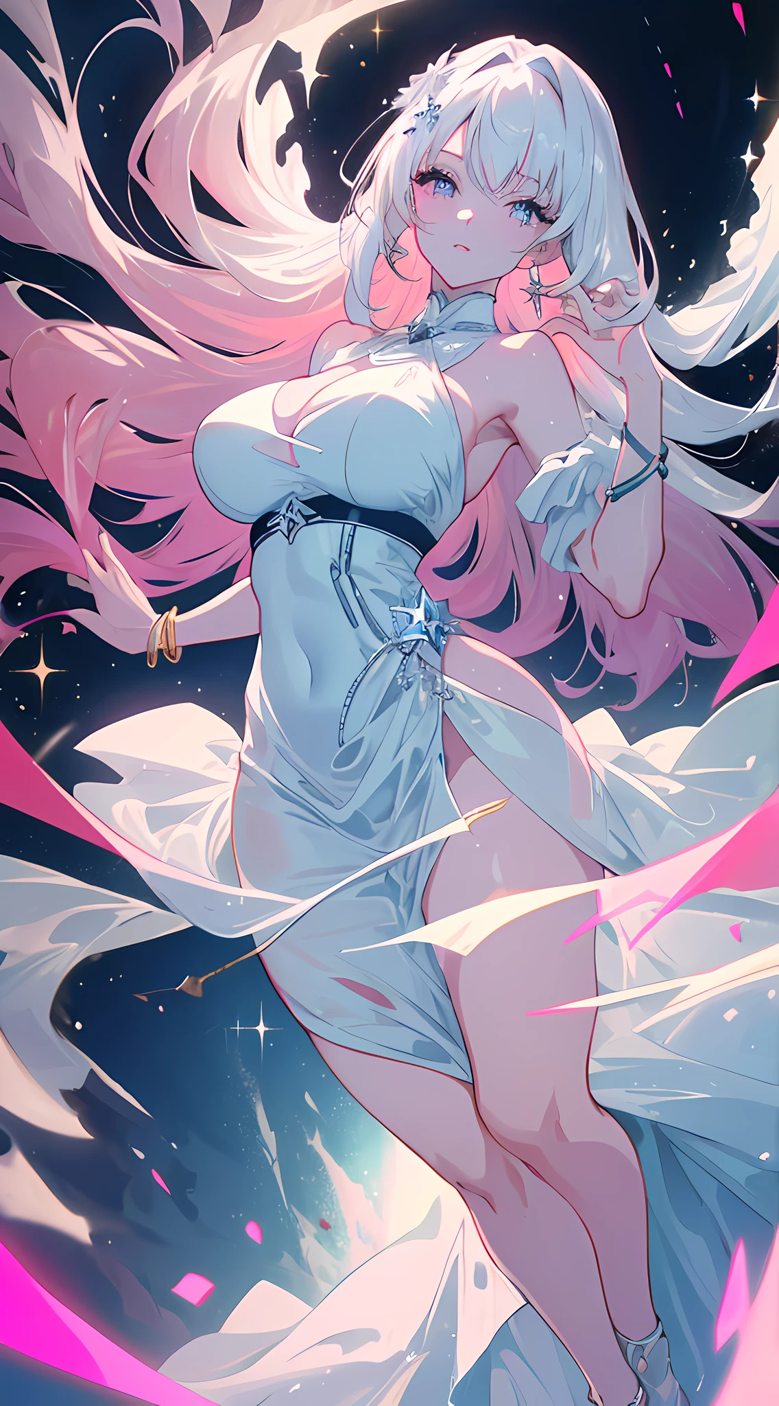 (Simple hands:0.5)+(Detailed hands:0.7), (tmasterpiece), (Best quality), White hair, red eyes, 1 busty girl, ((pale-skinned)), ((Two colors of hair)), eyeslashes, bangle, jewely, ssmile, glistning skin, shinny hair, Fantastical, ((Long gray hair)), 1 girl, Two shades of hair, nigh sky, ((Incredibly detailed CG illustration masterpiece)), looking at you, Japanese cartoons, beautiful anime eyes, beautidful eyes, eyed, ((sparkle eyes)), galaxias, Starcloud, (Full body lesbian), (Beautiful curves), Perspectives, wet neckline, (Thigh thick), 4k高清, hyper realisitc, perfect body figure, perfect lips, Perfect nose, perfect eyes, looking at viewert, a skirt, ((Elegant dress)), Soft decoration, long skirt, ((neon)), ((neonlight)), vibrant with colors