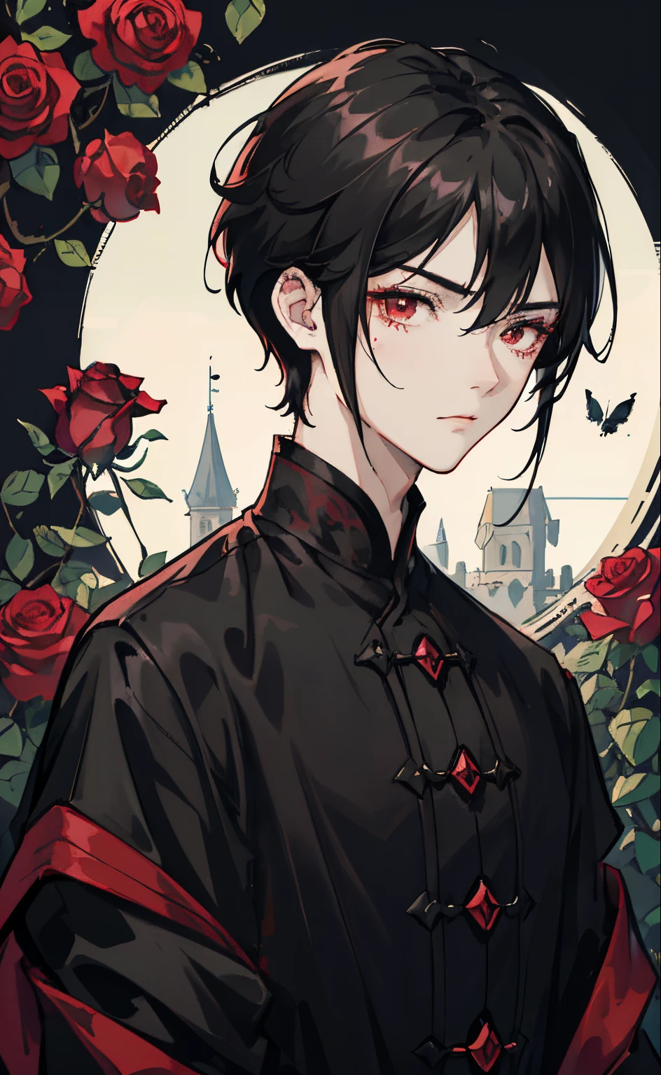 1 male、roses、Black costume、A dark-haired、red eyes、耳环、butterflys々 Inside the Evil Castle, androgynous face,short-haired