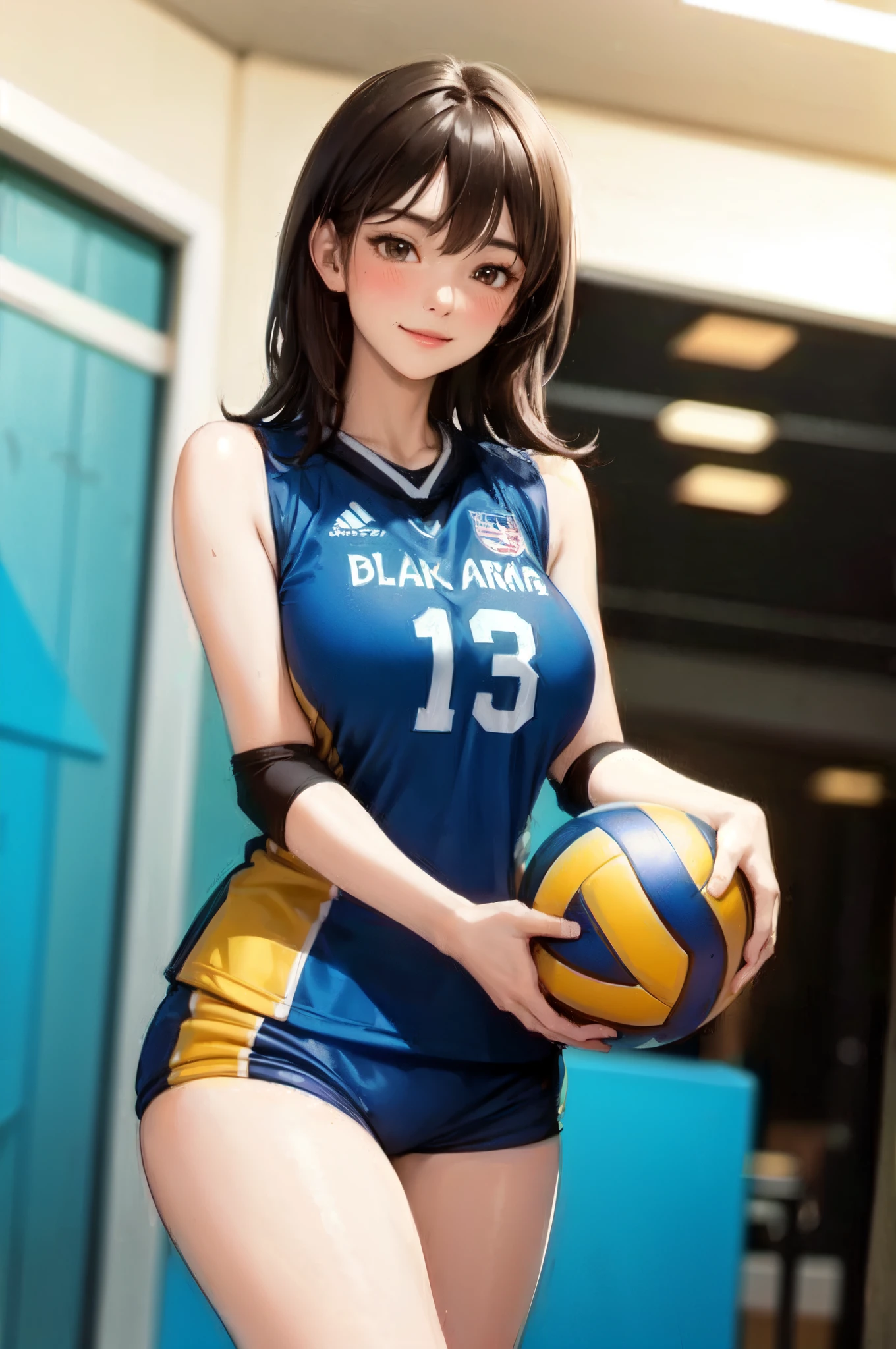 1lady solo, /(volleyball uniform/), mature female, /(dark brown hair/) bangs, blush kind smile, (masterpiece best quality:1.2) delicate illustration ultra-detailed, large breasts BREAK /(gym hallway indoors/)