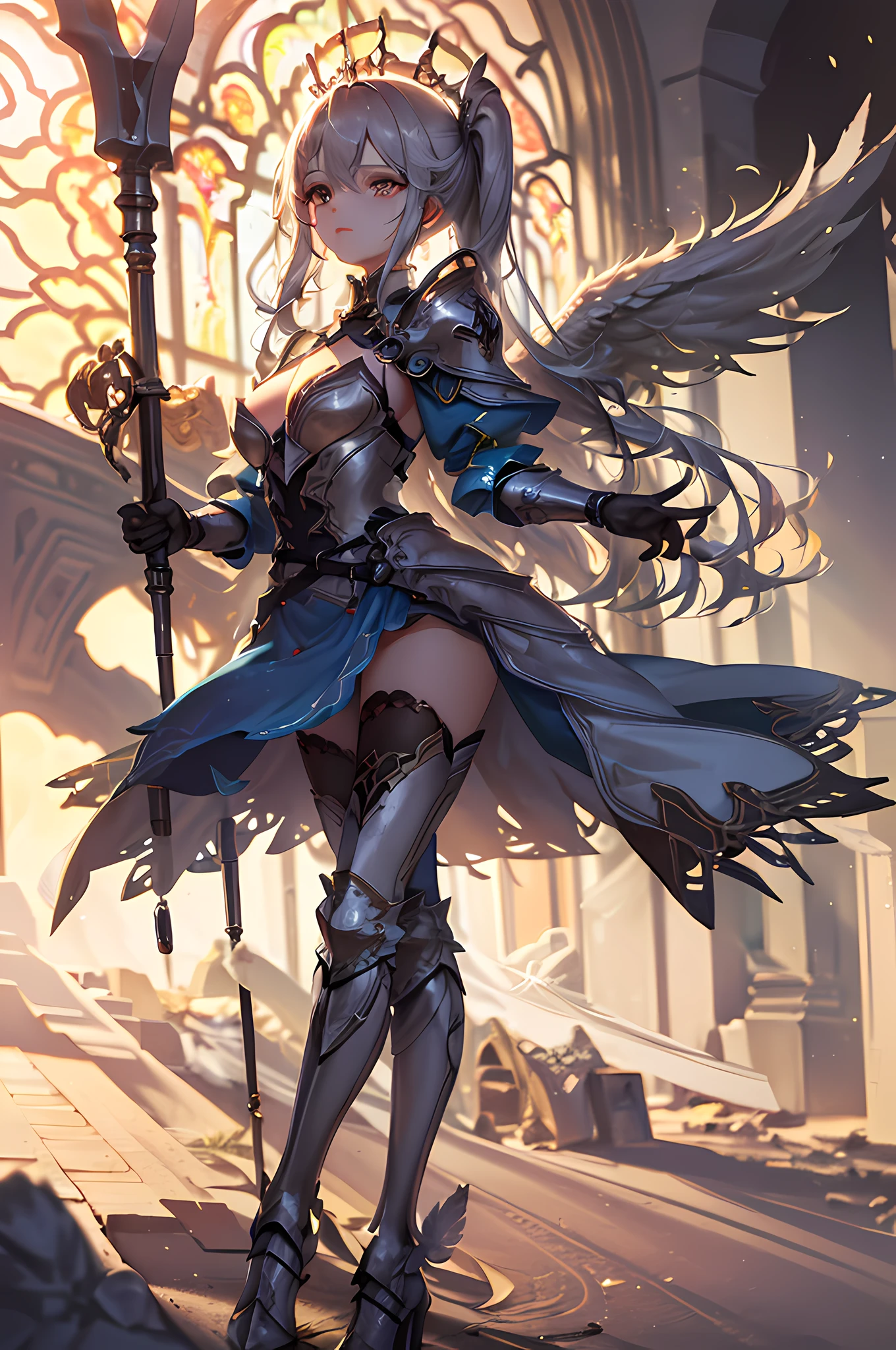 (offcial art、Best quality、Unity 8k壁紙、32K、tmasterpiece、ultra - detailed、超高分辨率、The best illustrations、Very ridiculous:1.2)、(电影灯光:1.2)、Fire glow effect、Film Particle、The best shadow、edge lit、side lights、(Ultra-detailed and complex 3D renderings)、Delicate beautiful face and eyes、Sharp pupils、realistic student、The slender one、１Man Woman、medium chest circumference、(Full body lesbian:1.2)、 beauitful face、Beautiful girl of 16 years old、(Ultra-delicate skin、detailed skin textures:1.3)、(Silver blonde、Blue-silver hair:1.3)、holy paladin、Long hairs、bluntbangs、Green-eyed、pigtails、(blue armor、Blue boots、hair adornments、inlaid gemstones、gold embroidery)、The slender one、mini-skirts、(upper legs, upper legs, upper legs:0.8)、(Chis、in a house、stained glass art、Large pipe organ、Hello、mistic、Lots of feathers floating、Angelic、There are angel wings on the back、Light particles、Serious、Sunshine is、Colorful、like a dream:1.2)、(like a dream:1.3)、(Holding the holy sword:1.0)、like a dream、