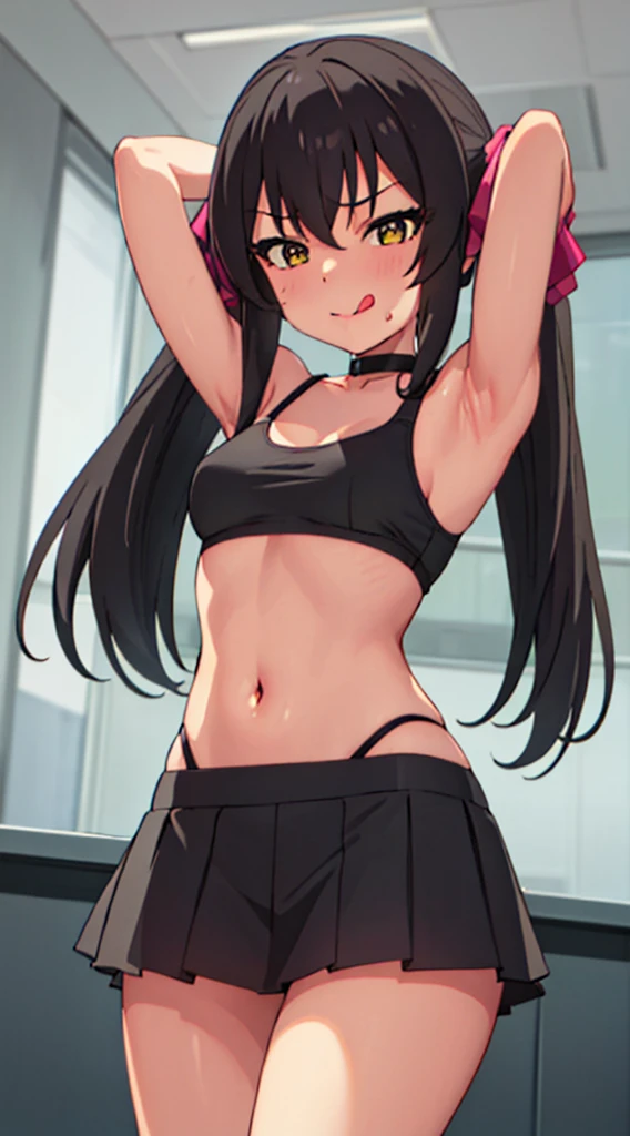 High tail hairstyle, two Ponytail hairstyle, Ponytail hairstyle, Long wavy black hair, standing posing, anime girl style, pixel art anime style,penetrating look with deep eyes,red and purple eyes, hair with a ponytail hairstyle trapped with a big red bun, women, red hair clips, x color shaped hair clips , smiling face blush, next to his bed, Skirt, tank top, Black hair, big thighs, NSFW, Skirt fluttering in the wind, perfect panty, from below, viento levantando su Skirt haciendo que se le vea el panty, hands in fist , Skirt fluttering in the wind, Skirt levantada, black fur, black hair, black hair