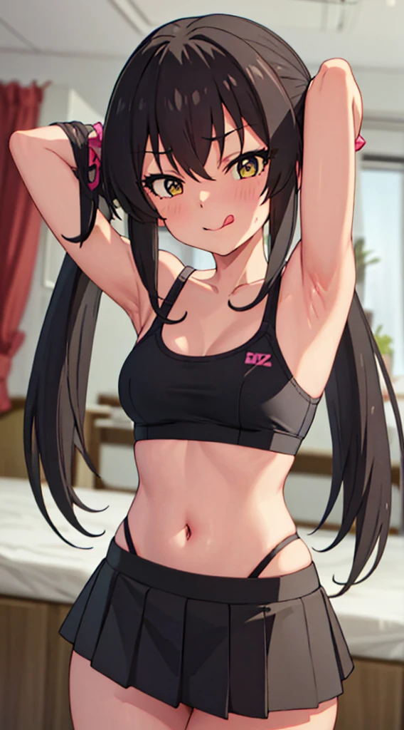 masterpiece, best quality, highres, Matoba Risa, 1girl, solo, busty, flat breasts, black hair, twintail, sport bra, looking at viewer, full body, standing, simple background, (erotic pose:1.4), blush, flustered, (panties exposed:1.3), ((arms behind head, double armpits, standing)), Half body, upper body, In the middle, symmetrical, licking lips