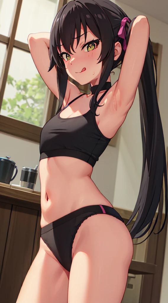 masterpiece, best quality, highres, Matoba Risa, 1girl, solo, busty, flat breasts, black hair, twintail., sport bra, short skirt, looking at viewer, full body, standing, simple background, (erotic pose:1.4), blush, flustered, (panties exposed:1.3), ((arms behind head, double armpits, standing)), Half body, upper body, In the middle, symmetrical, licking lips