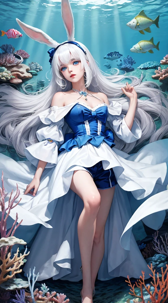 White hair Very detailed and beautiful blue eyes Rabbit ears Beautiful boy Japanese anime style Alice in Wonderland White Rabbit Anthropomorphism Watch Shorts Jewelry Long hair Boy Masterpiece Top quality Undersea Fantasy Beautiful scenery