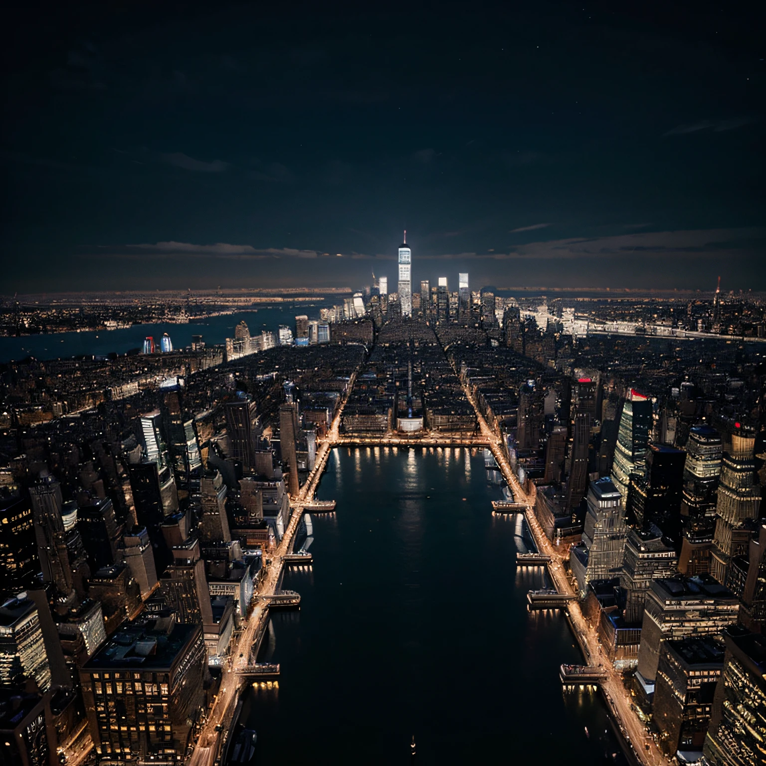 Ultrarealistic new york city view from far away, city panorama, night, amazing panorama view, winter
