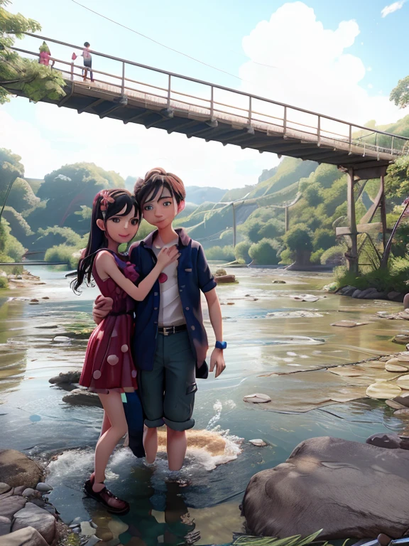 there is a man and woman standing in the water under a bridge, river in front of him, connected with hanging bridge!!, 😭 🤮 💕 🎀, tyler edlin and natasha tan, help me, stream of love and happiness, facebook post, couple, ❤🔥🍄🌪, cooling, near a river, river in the background, with her long