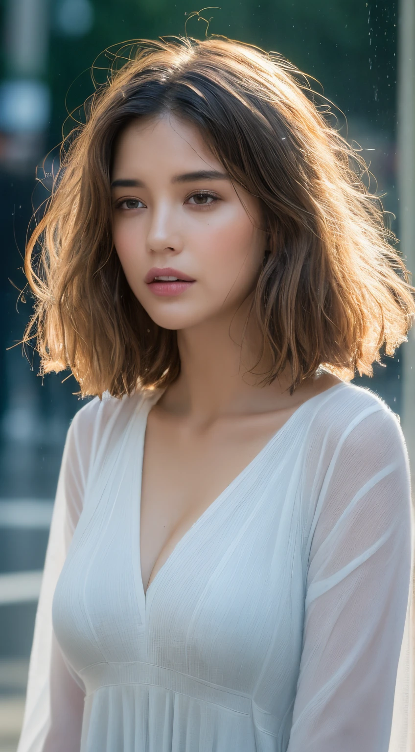 ((Best Quality, 8K, Masterpiece:1.3)), Focus: 1.2, Perfect Body Beauty: 1.4, Buttocks: 1.2, ((Layered Haircut, Breasts: 1.2)), (Wet Clothes: 1.1) , (Rain, Street:1.3), Bandeau Dress: 1.1, Highly Detailed Face and Skin Texture, Delicate Eyes, Double Eyelids, Whitened Skin, Long Hair