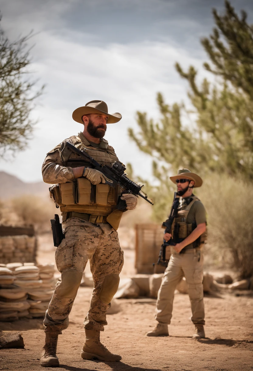 A photo of Captain Price mentoring a young recruit on marksmanship at the shooting range,Modern Warfare series,Captain John Price is a tall man in his 30s, famously portrayed by actor Barry Sloane. He wears a boonie hat, has a mutton chops styled beard, and often wears tactical equipment fit for a soldier. , male