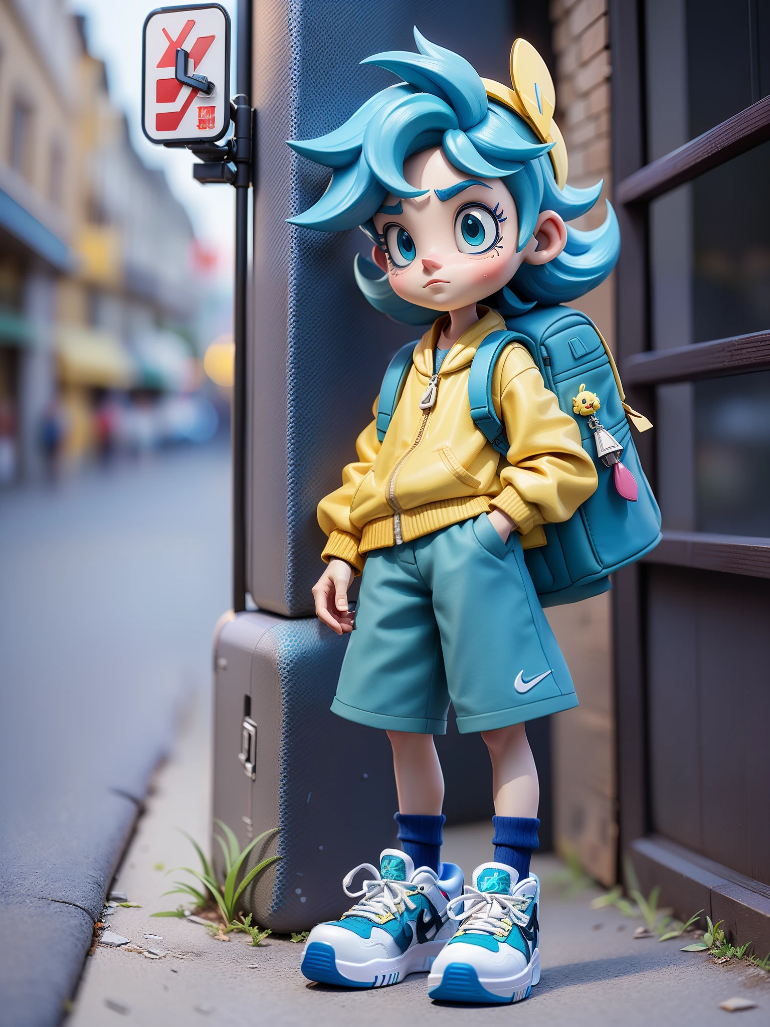 (Best quality at best,4K,8K,A high resolution,tmasterpiece:1.2),ultra - detailed,(actual,realistically,realistically:1.37),Toy style,lovely boy,Cute face,[White Nike Air Force 1 shoes],Blue hair,Carrying a rucksack,Standing next to the yellow Pokémon,3D anime style